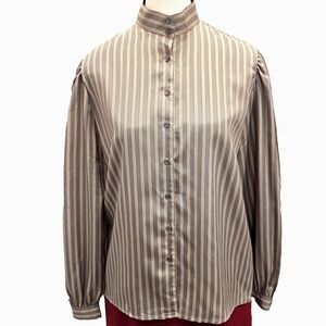 80s Vintage Schrader Sport Shirt Women's 10‎ High Neck Blouse Stripe Korea